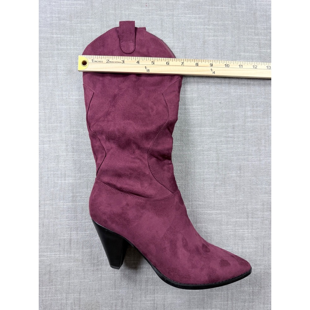 Burgundy Faux Suede Western Mid Calf Boots Pointed Toe Cone Heel Womens 9.5 - Picture 8 of 8